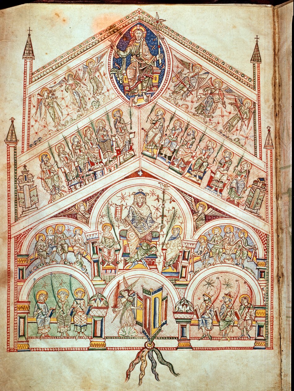 Sra. Plut.12.17 f.2v A Cidade Celestial com Cristo entronizado, ilustração para a edição do texto original escrito por Santo Agostinho de Hipona (354-430) em 413-426, do De Civitate Dei, (11 a 12 de de Italian School