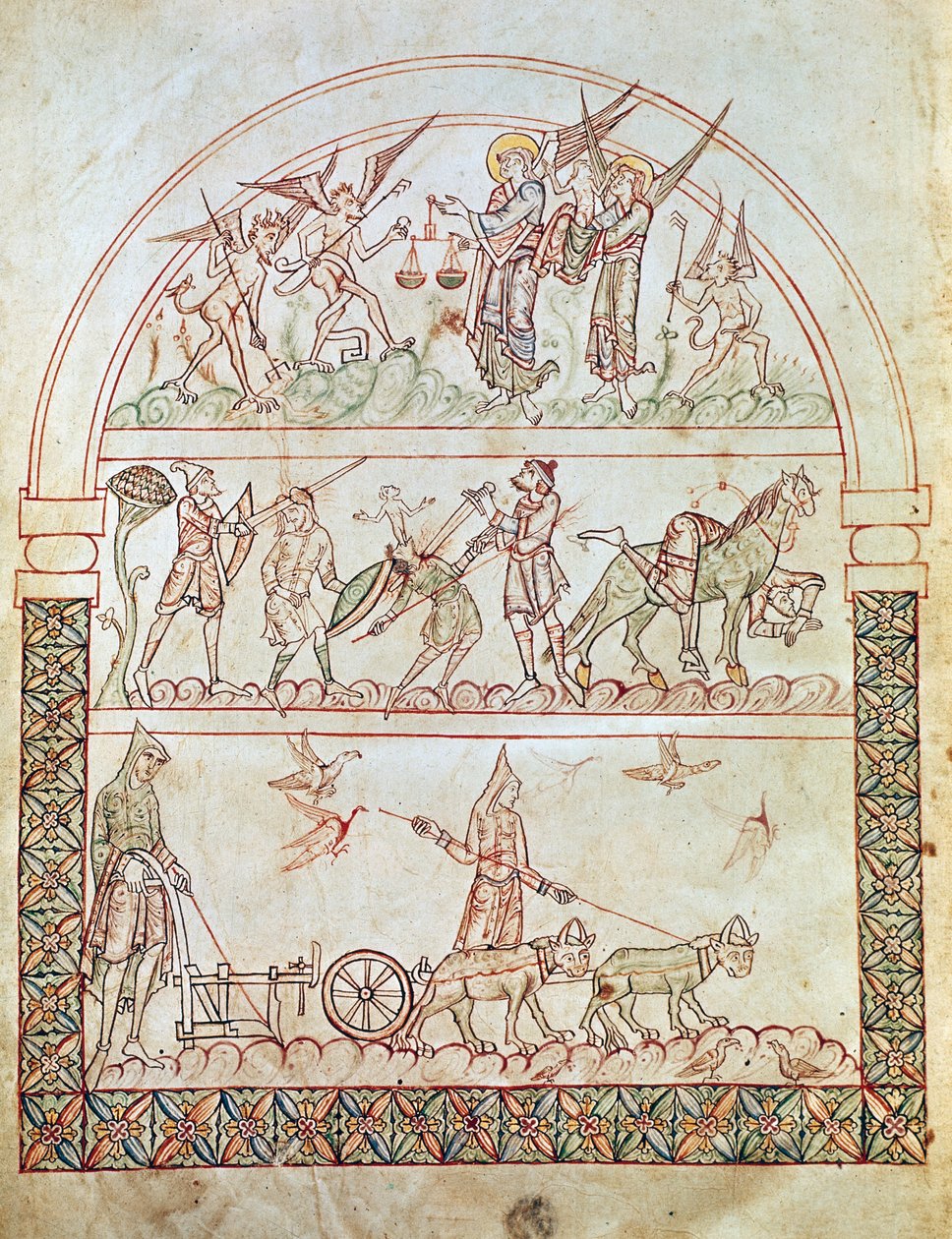 Ms. Plut. 12,17, c. 1b, A cidade terrestre com as dificuldades e infortúnios da humanidade e o julgamento de uma alma, da cidade de Deus por Santo Agostinho, do século XI a XII de Italian School