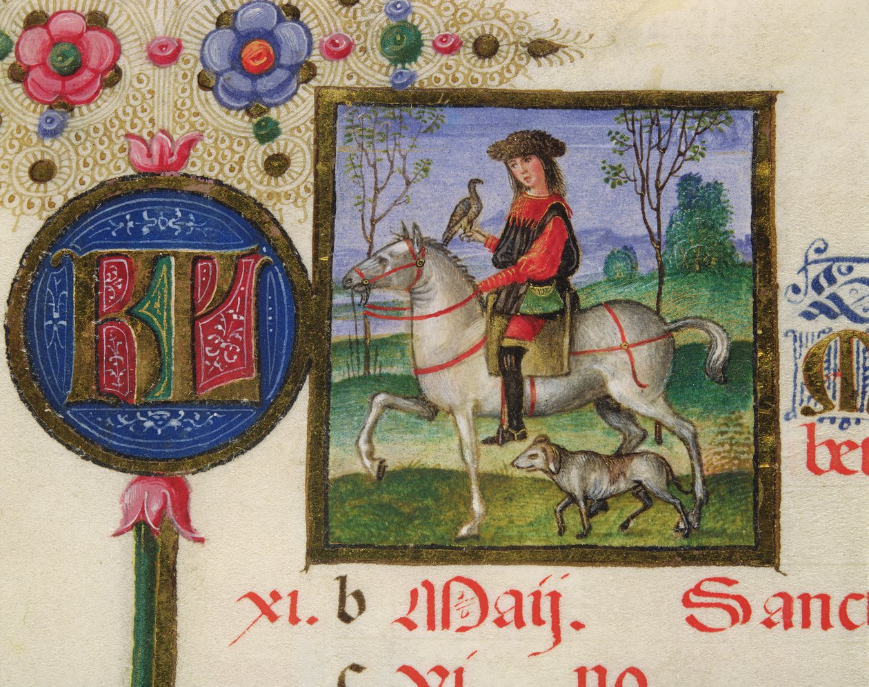 Ms. lat.424 fol.3r O mês de maio: Falcoaria, do breviário de Ercola d