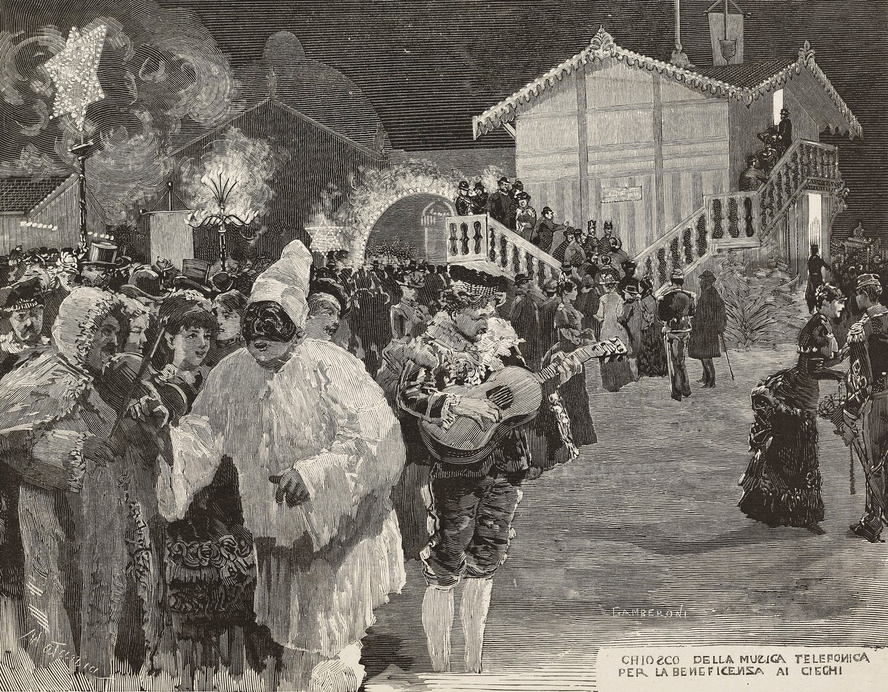 Quiosque de música para cegos, máscara Pulcinella, Carnaval em Nápoles, Itália, gravura de desenho de Matania, gravura de Gamberoni de L