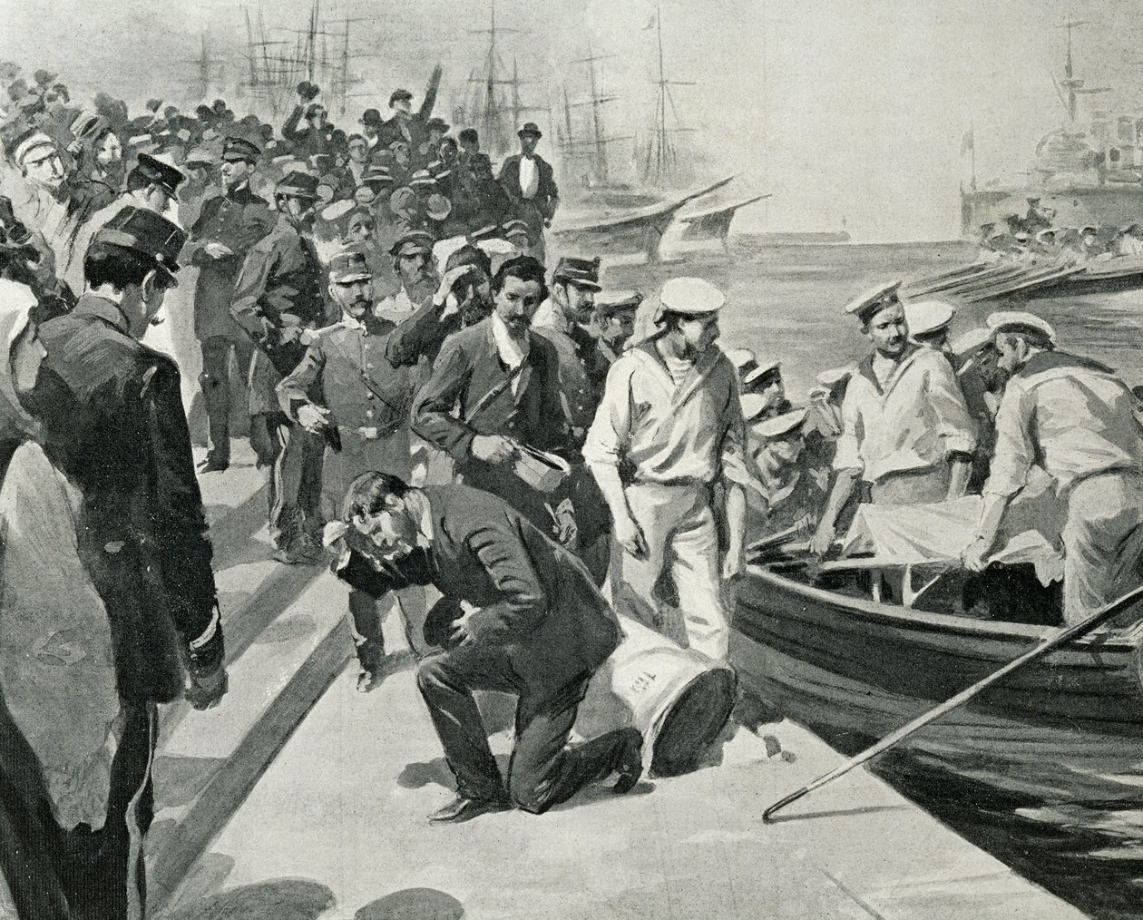Motim do couraçado russo Potemkin a desembarcar no porto de Constanta, na Roménia, ilustração de L