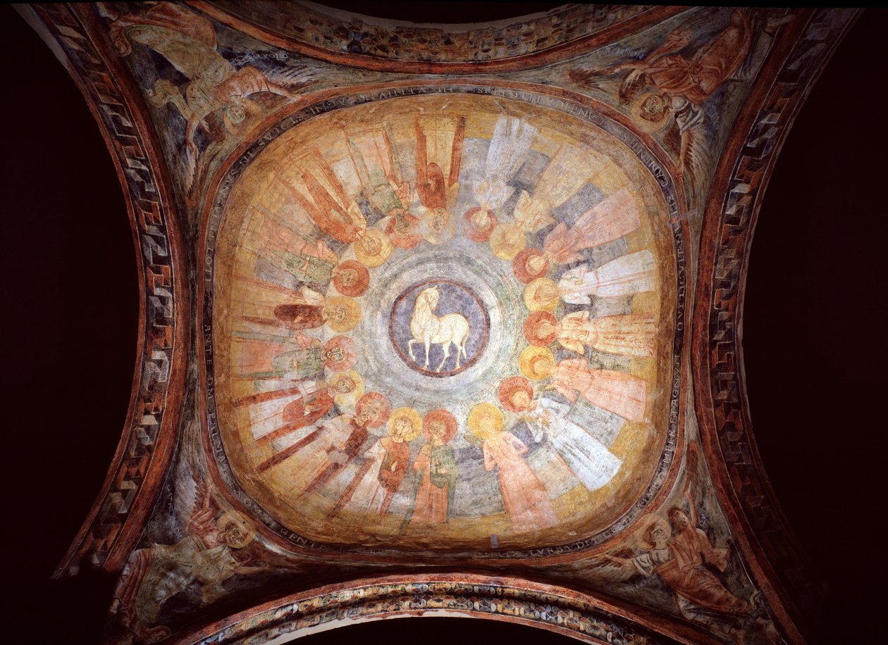 Cordeiro místico rodeado de santos e anjos - Fresco de Italian School