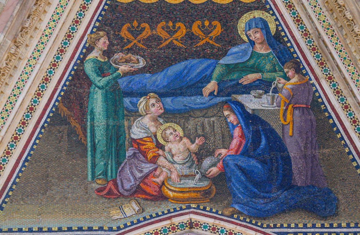 Natividade de Maria, mosaico, empena da entrada lateral, mosaico, fachada da Catedral de Orvieto, Úmbria, Itália de Italian School