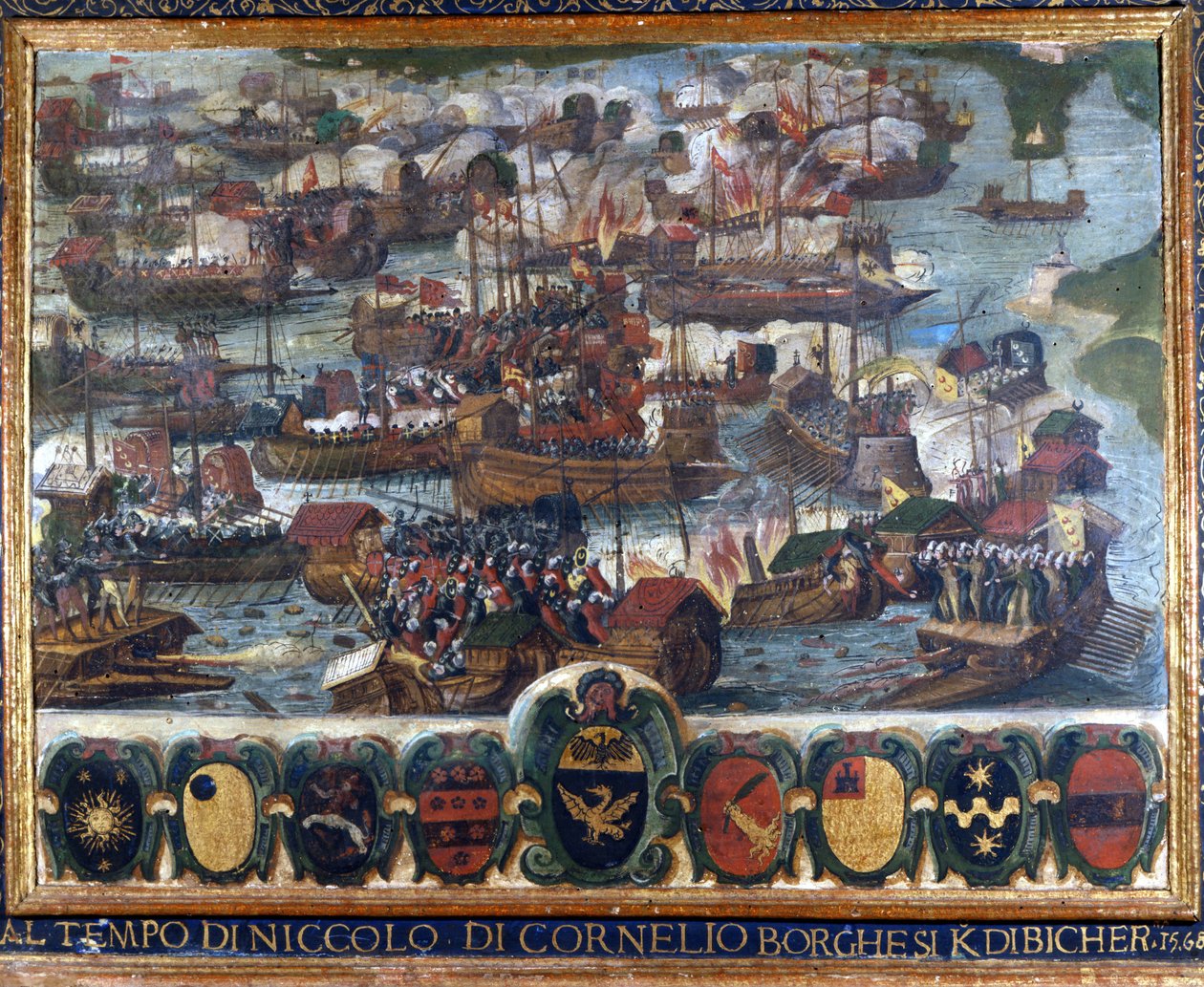 Batalha Naval de Lepanto (Lepanto): "Al tempo Niccolo di Cornelio Borghesi Kdibicher" - pintura preservada no Arquivo Nacional, Siena. de Italian School