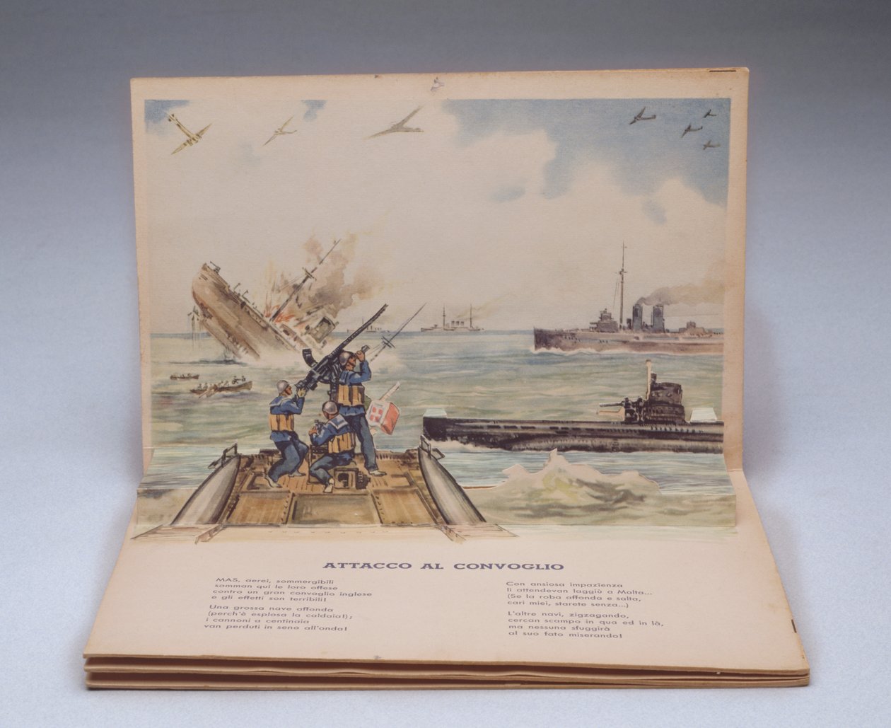Batalha naval, ilustração tridimensional do livro infantil I nostri soldati (Os nossos soldados) de Italian School