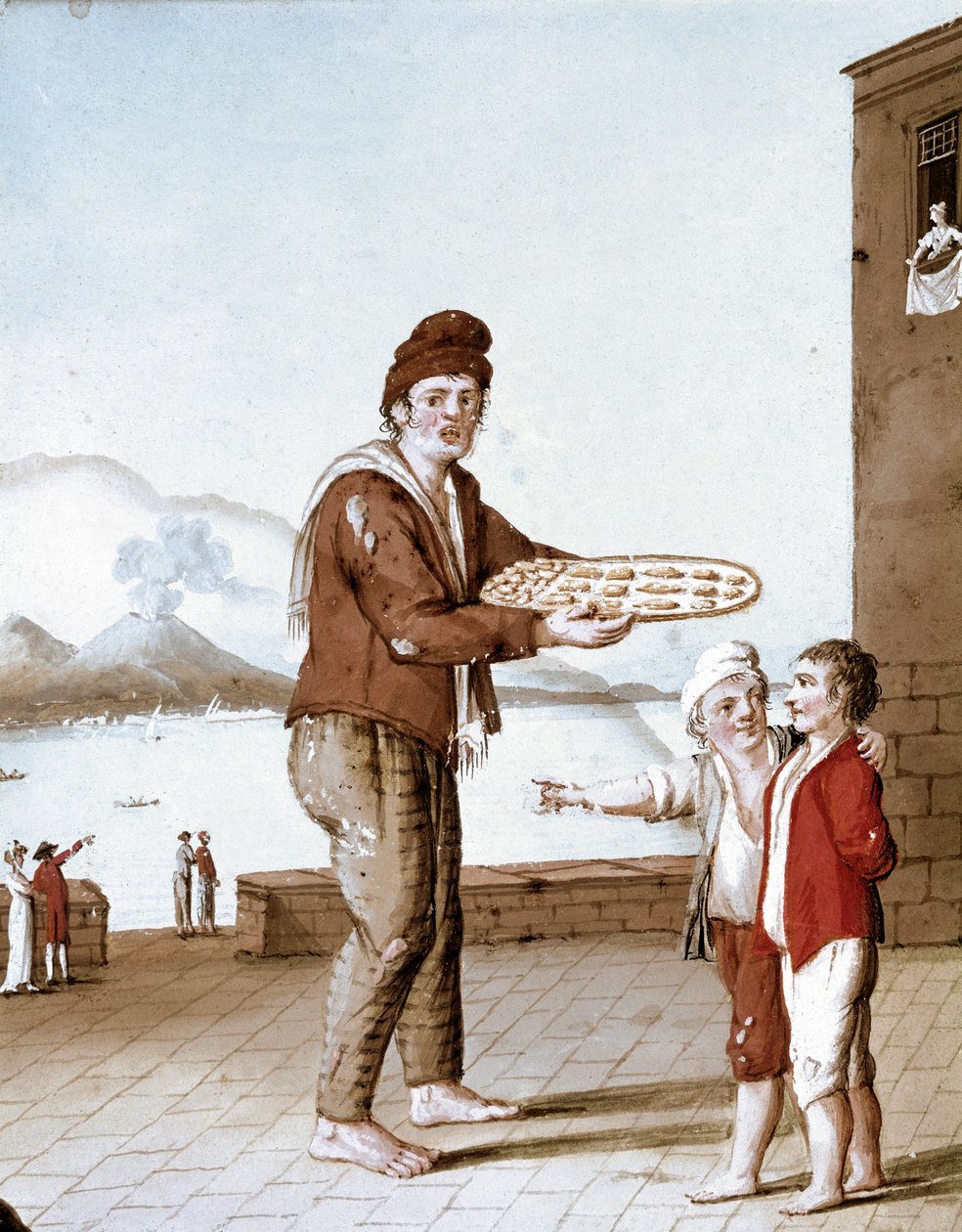 Pequenos metiers napolitanos: o vendedor de "pasticiotti" (areias napolitanas) - (Comércio antigo: o vendedor de bolachas) Aguarela do século XIX - Naples Museo Nazionale di San Martino de Italian School