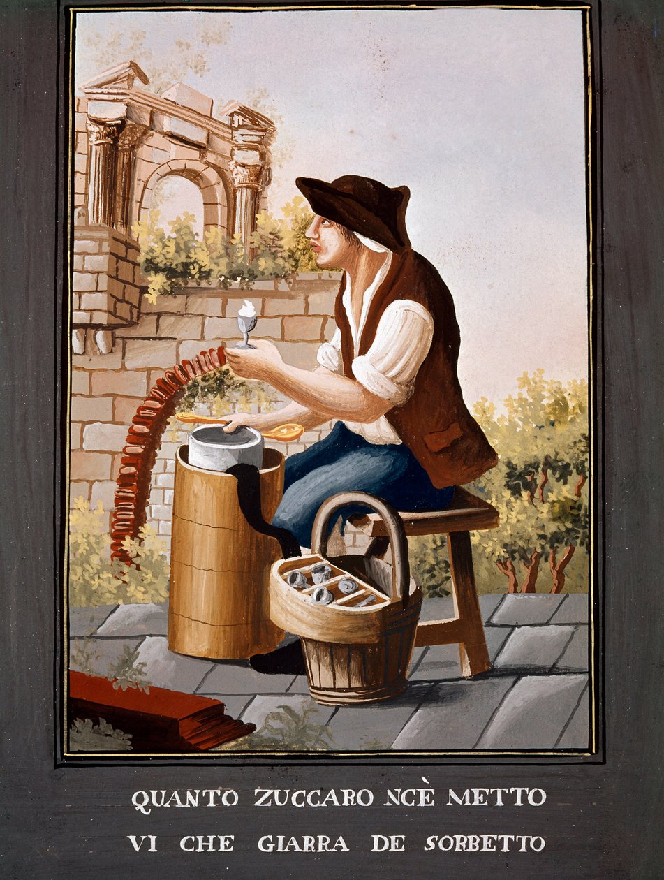 Pequenos metiers napolitanos: o vendedor de sorvetes - (Comércio antigo: o vendedor de gelados) Aguarela do século XIX - Naples Museo Nazionale di San Martino de Italian School