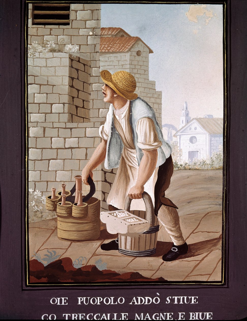 Pequenos metiers napolitanos: o vendedor ambulante de produtos alimentares (mercearia) - (Comércio antigo: a mercearia itinerante) Aguarela do século XIX - Nápoles Museo Nazionale di San Martino de Italian School
