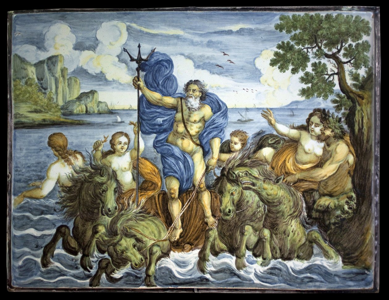 Neptuno no seu tanque e com um tridente. Placa rectangular, decoração de grande fogo policromado, feita em Castelli, Itália. de Italian School
