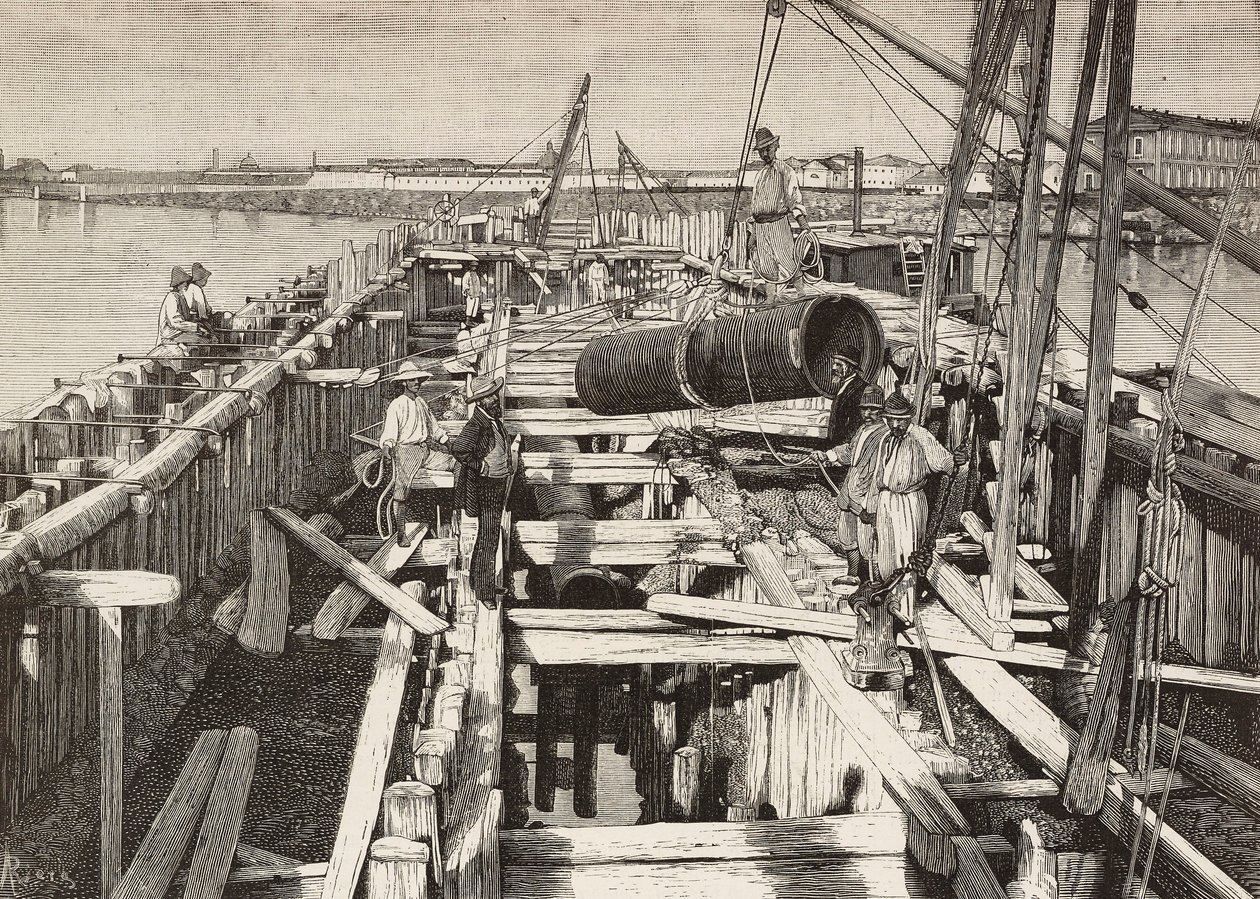 Novo aqueduto em Veneza, assentando o canal na lagoa, Itália, gravura de desenho de Riera, de L