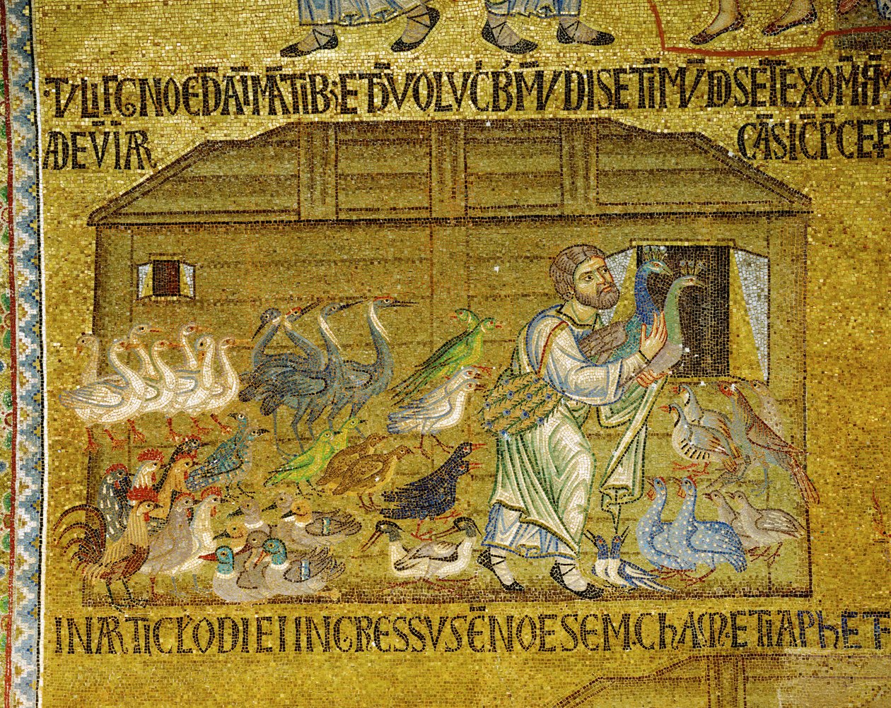 Noé ajuda pares de animais a entrar na Arca ... (mosaico) de Italian School
