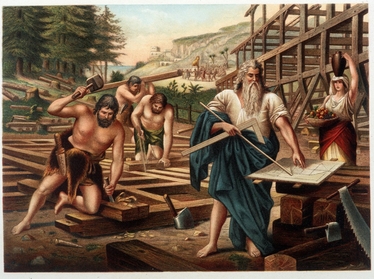 Noé e sua família construindo a arca (Noé olhando para o plano de construção) em "Aurea Bibbia classica: storia della rivelazione divina nell
