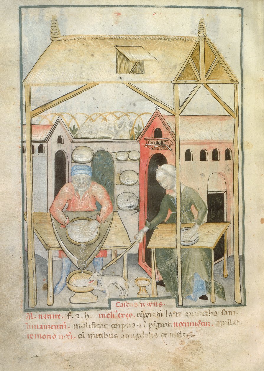 Nouv Acq Lat 1673 fol.58v Preparação de queijo, de Tacuinum Sanitatis, c.1390-1400 de Italian School