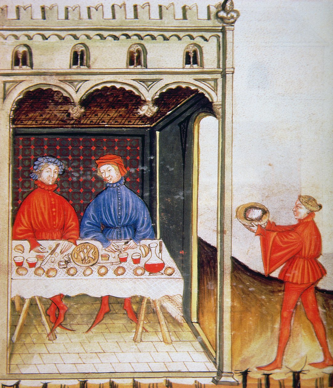 Nova 2644 Fol.53r Degustação de Trigo Cozido, do Tacuinum Sanitatis Codex Vindobonensis de Italian School