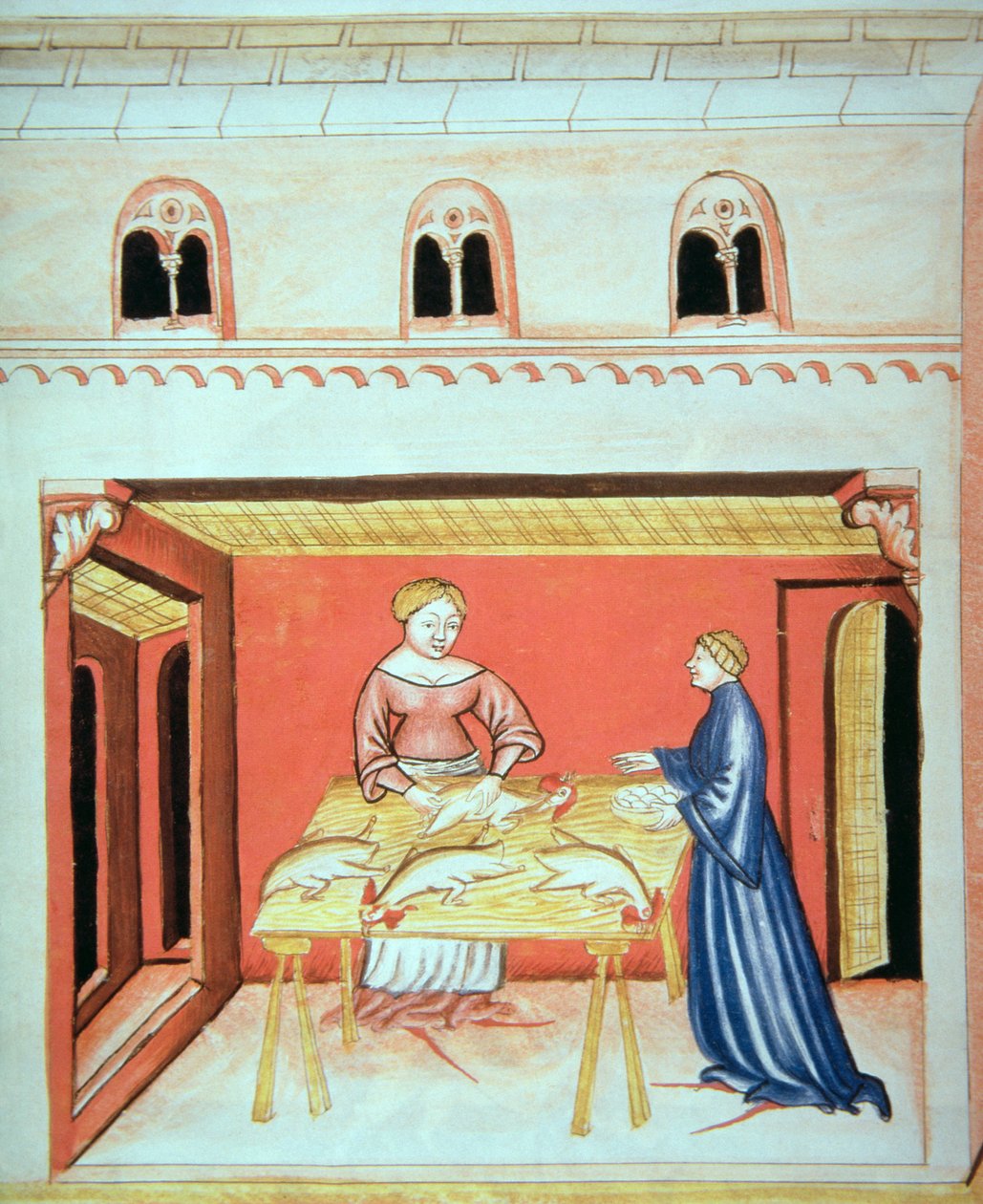 Nova 2644 fol.79v Os açougueiros: Removendo os testículos de Tacuinum Sanitatis de Italian School