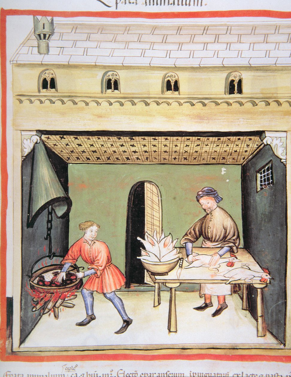 Nova 2644 fol.80r Os açougueiros: Cozinhando o fígado, de Tacuinum Sanitatis de Italian School
