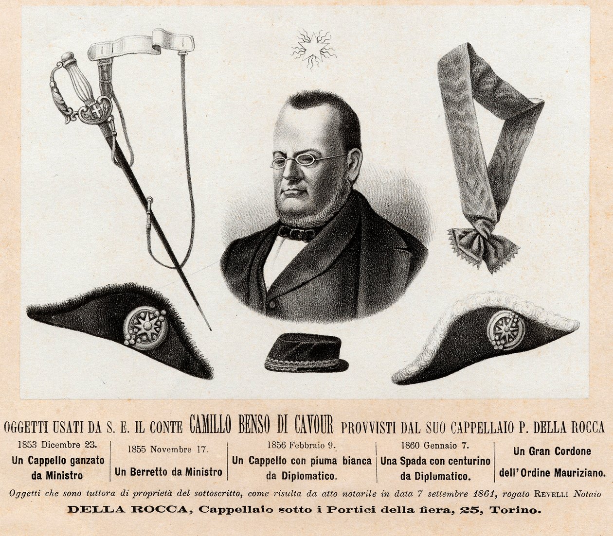 Objectos utilizados por Camillo Benso conte di Cavour (1810-1861) - chapéus e insígnias das suas funções políticas e diplomáticas, com o grande cordão da Ordem de São Maurício e São Lázaro (Ordine dei Santi Maurizio e Lazzaro) - Gravura do século XIX de Italian School