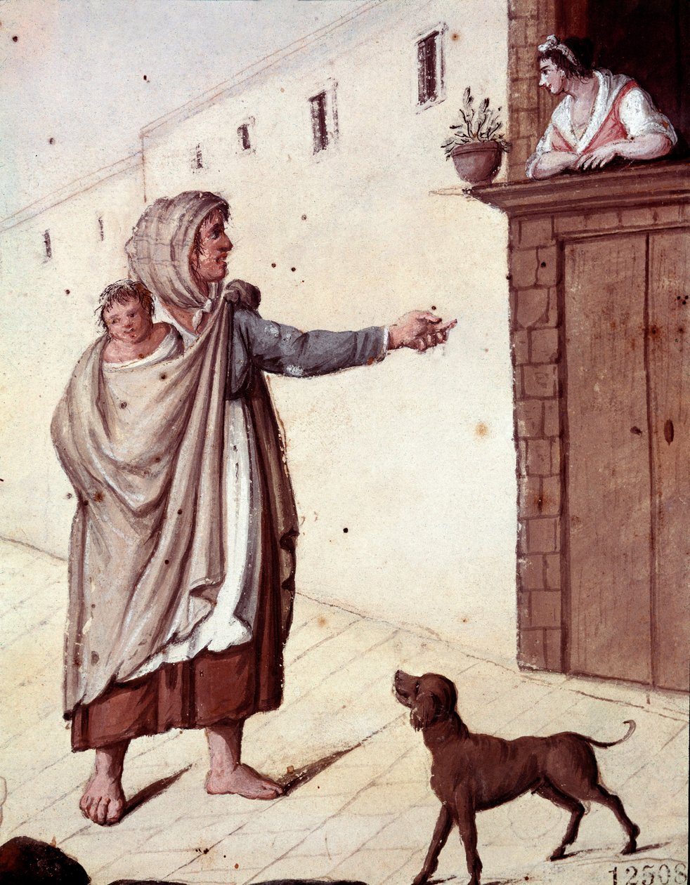 Velhos métiers napolitanos: uma mendiga e seu filho nas ruas de Nápoles - (Velho comércio napolitano: uma mendiga) Aguarela do século XIX - Nápoles Museo Nazionale di San Martino de Italian School
