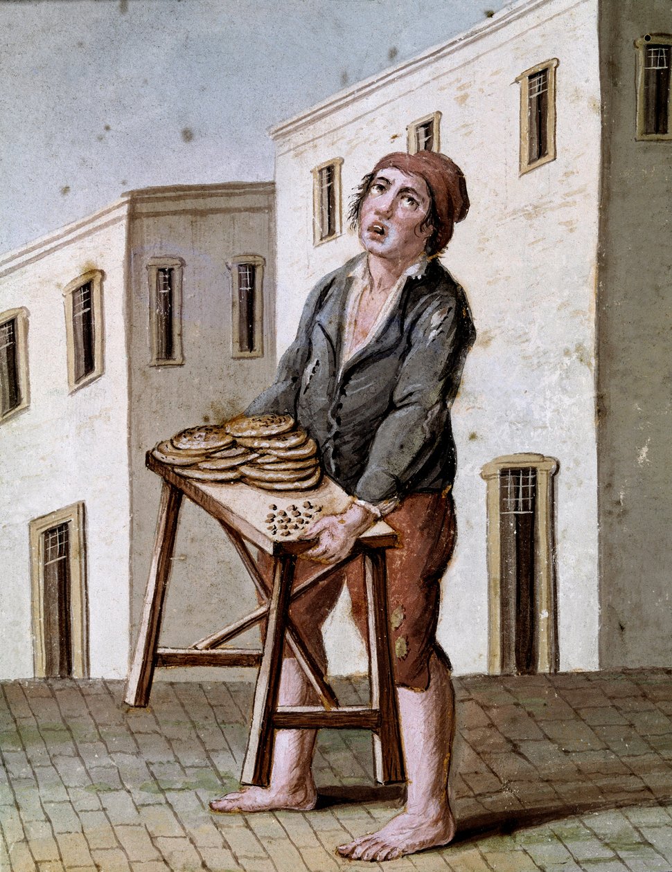Velhos métiers napolitanos: um vendedor de pizzas - aguarela do século XIX - Nápoles Museo Nazionale di San Martino de Italian School
