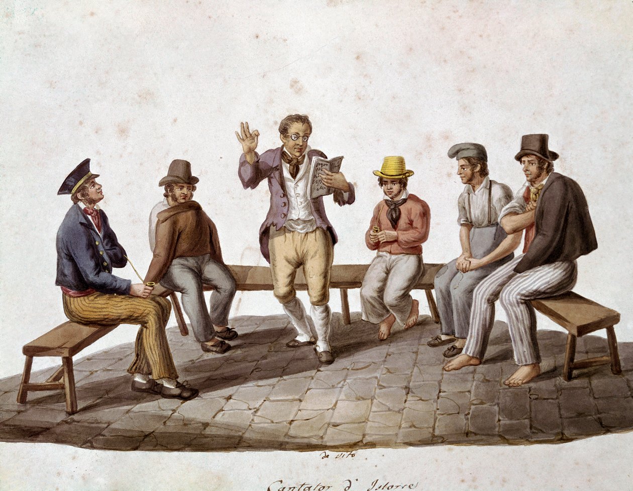 Velhos métiers napolitanos: o leitor itinerante ou cantor de baladas - (Velho comércio napolitano: um contador de histórias) Aguarela do século XIX - Nápoles Museo Nazionale di San Martino de Italian School