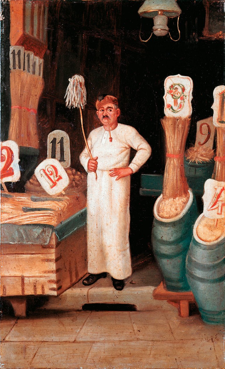 O velho metier: a loja do vendedor de massas. Detrempe anónimo. Século XIX Museo Nazionale delle Paste Alimentari, Fondazione Agnesi, Roma. de Italian School