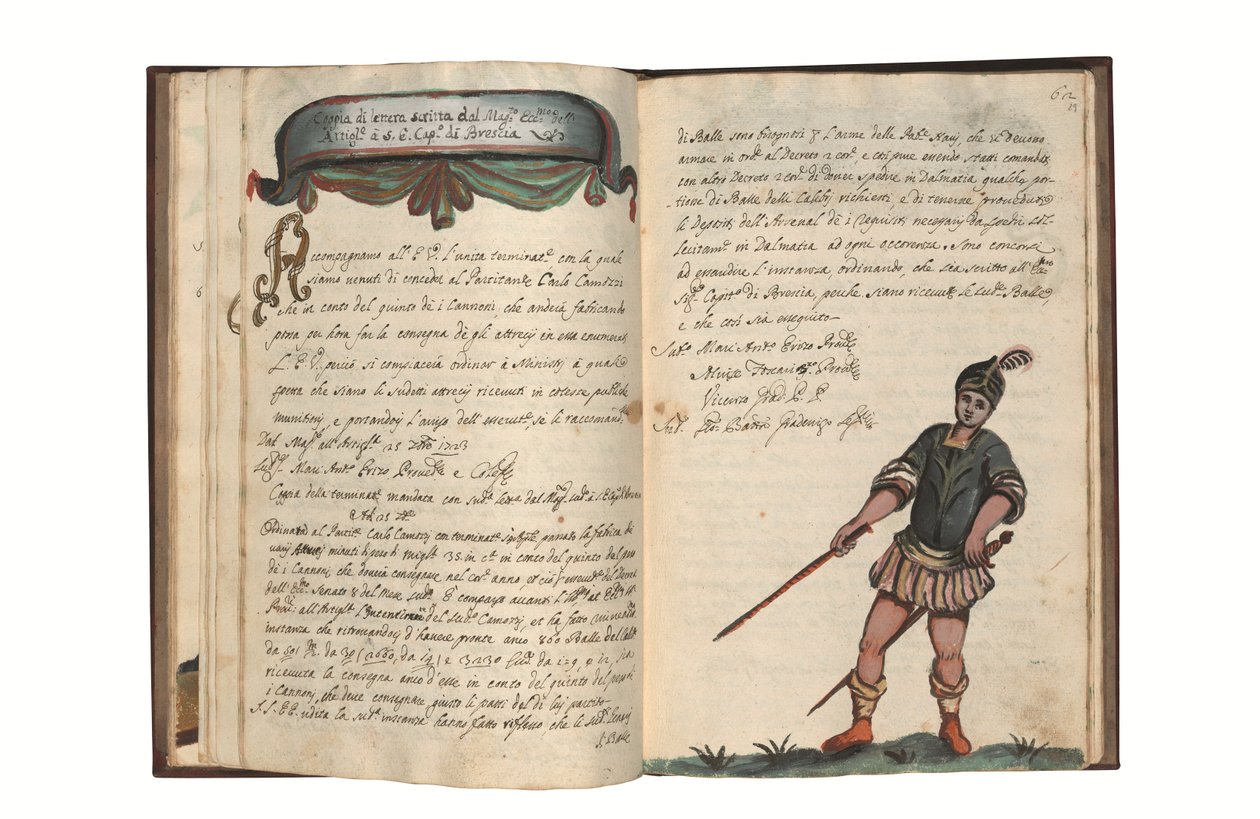 Sobre o fabrico de armas para a República de Veneza, por Carlo Camozzi di Bergamo (fl.1712), em italiano e latim, manuscrito ilustrado sobre papel, Veneza, primeira metade do século XVIII (tinta e cor sobre papel) de Italian School