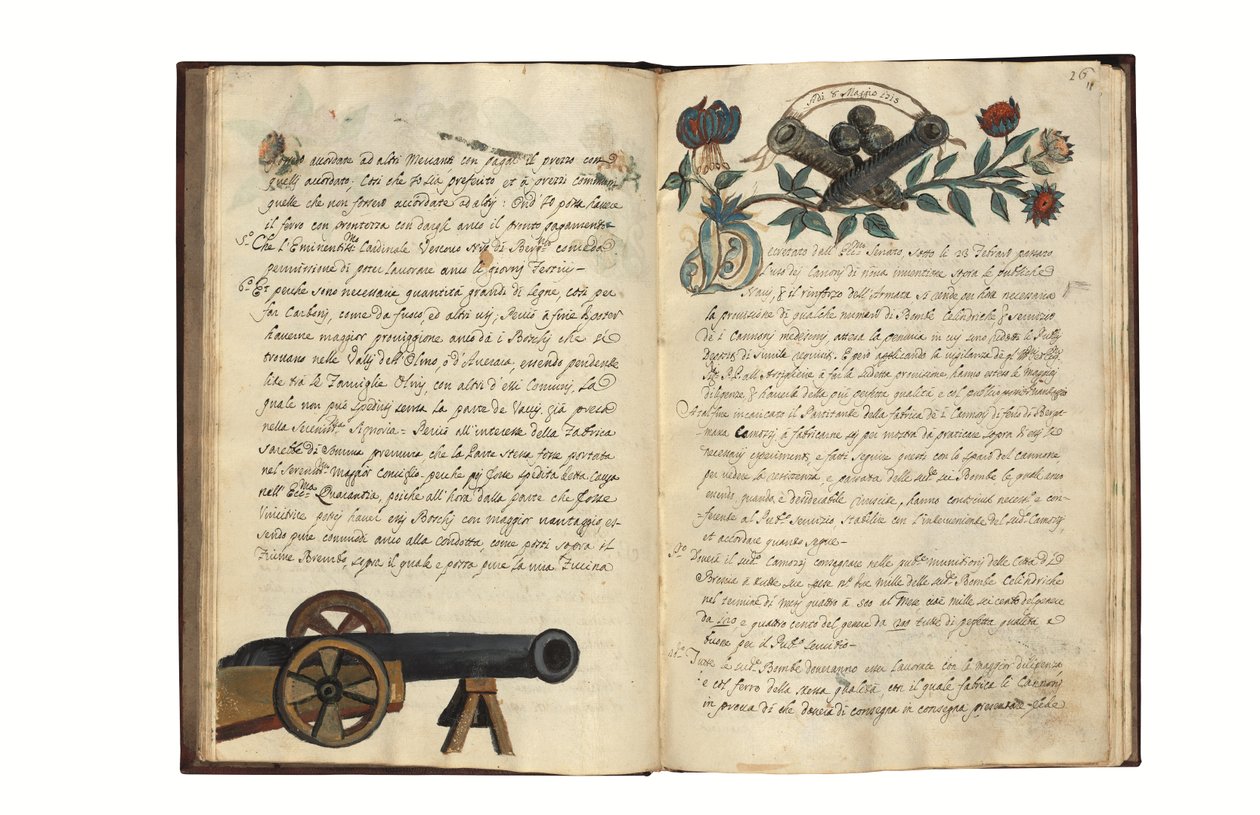 Sobre o fabrico de armas para a República de Veneza, por Carlo Camozzi di Bergamo (fl.1712), em italiano e latim, manuscrito ilustrado sobre papel, Veneza, primeira metade do século XVIII (tinta e cor sobre papel) de Italian School