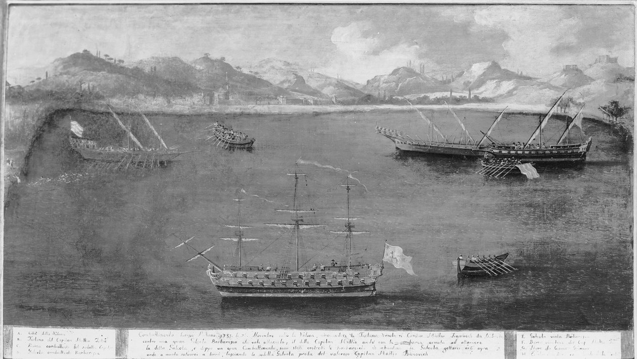 Uma das façanhas navais do famoso marinheiro, Mattio Ivanovich da Dobrota, c.1730 de Italian School