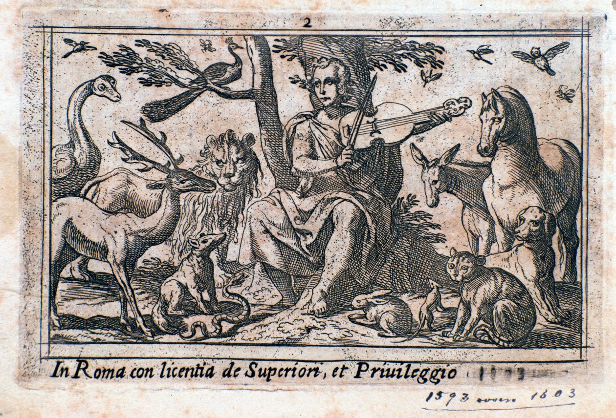 Orfeu brincando entre animais. (xilogravura de Italian School