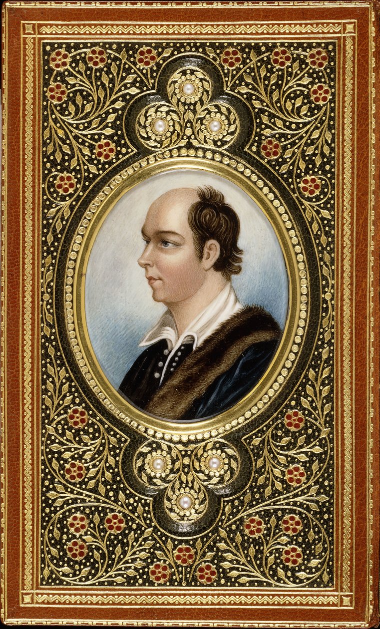 Retrato oval em miniatura de Oliver Goldsmith, emoldurado por trevos dourados cravejados de três pérolas, 1831 de Italian School