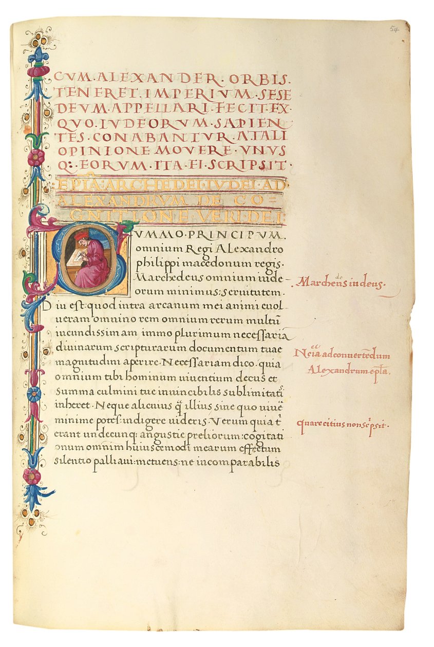 PSEUDO-ARISTOTLE, Secreta secretorum; "MARDOCHEUS IUDEUS", Epistola ad Alexandrum de cognitione veri dei; ADAM DE MONTALDO (fl. c.1450-1495), Divinitus prolata iudicia sive premonita; Quedam alia summatim posita iudicia, Roma, c.1490 (tinta e cor sobre vel de Italian School
