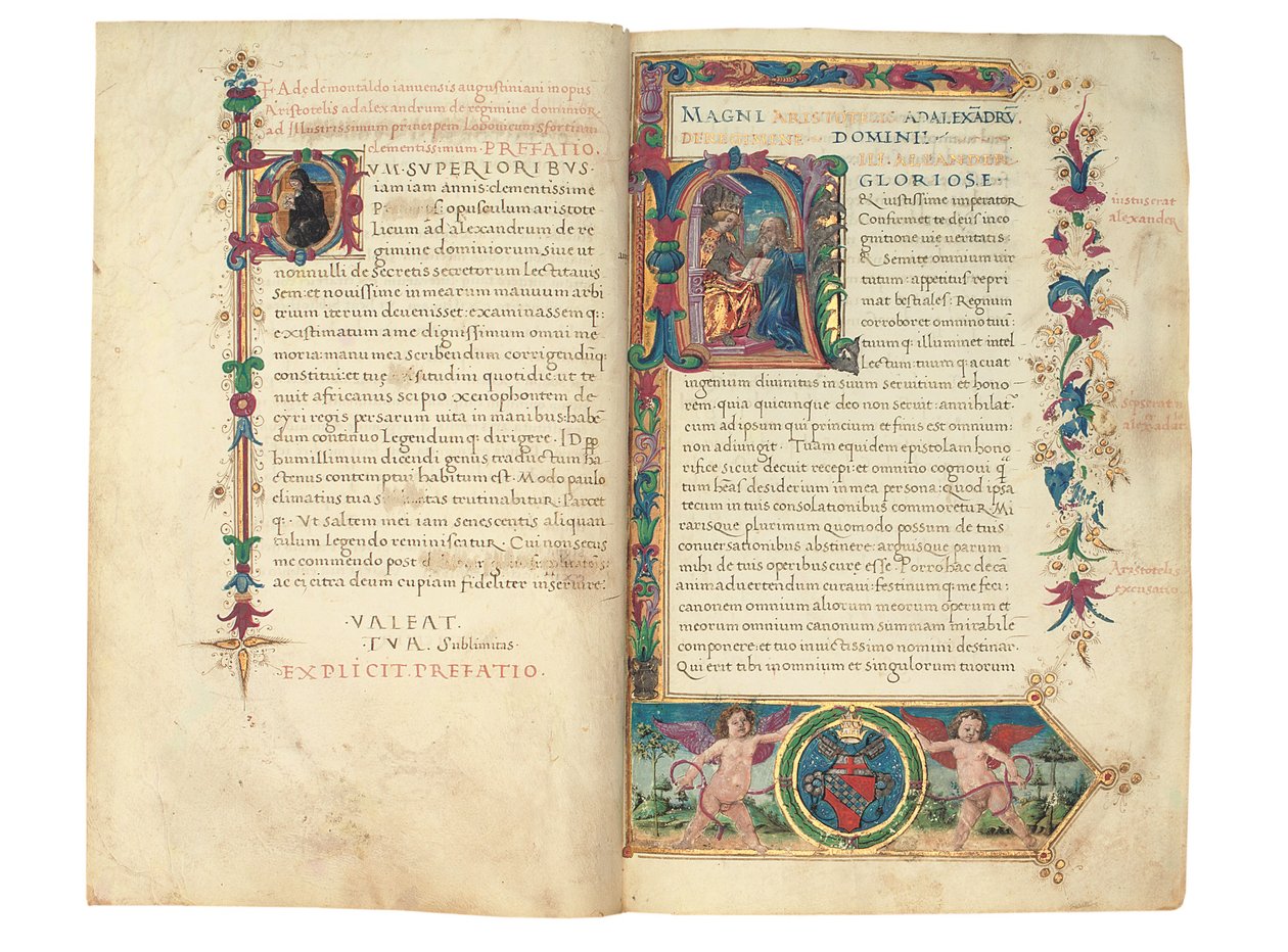 PSEUDO-ARISTOTLE, Secreta secretorum; "MARDOCHEUS IUDEUS", Epistola ad Alexandrum de cognitione veri dei; ADAM DE MONTALDO (fl. c.1450-1495), Divinitus prolata iudicia sive premonita; Quedam alia summatim posita iudicia, Roma, c.1490 (tinta e cor sobre vel de Italian School
