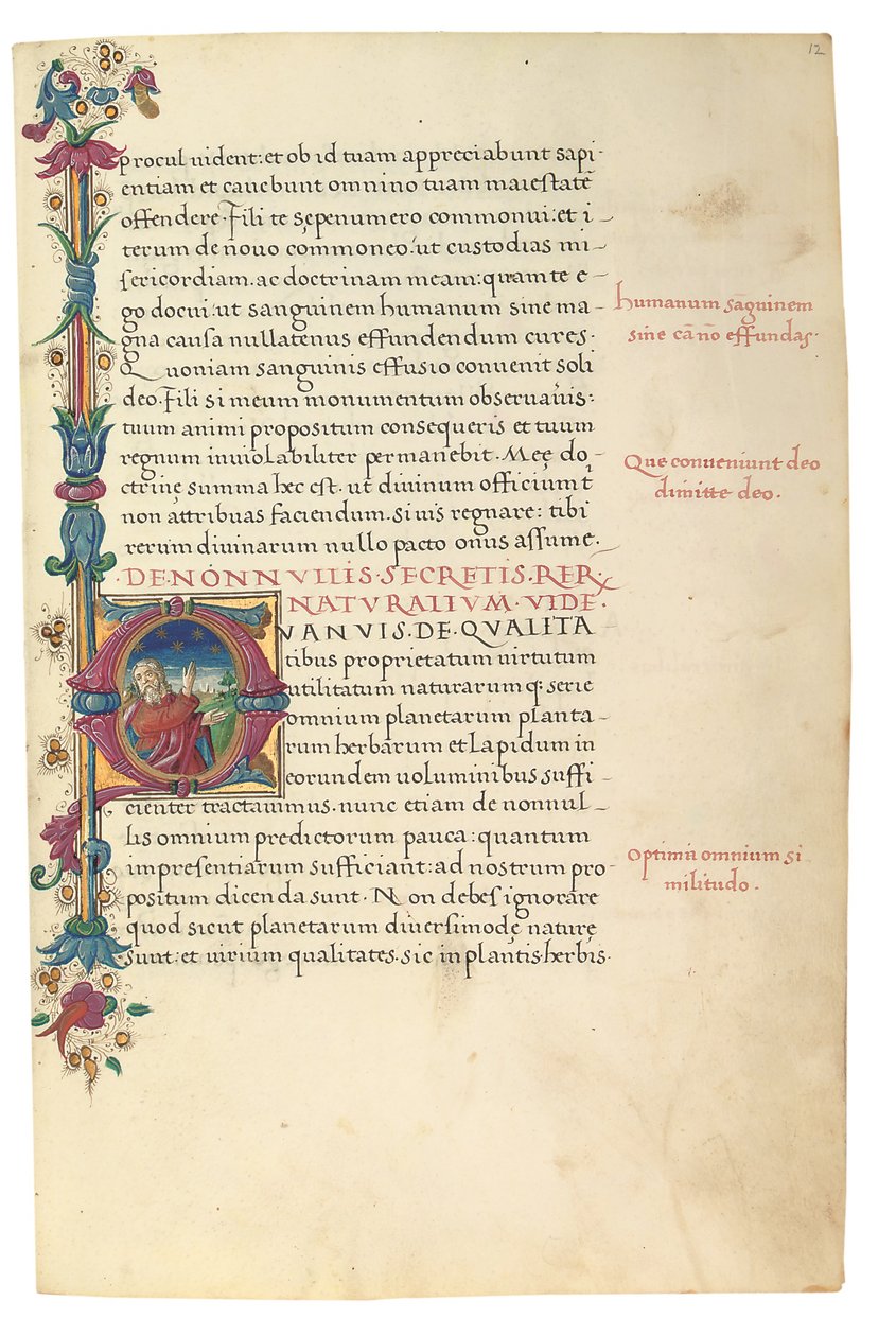PSEUDO-ARISTOTLE, Secreta secretorum; "MARDOCHEUS IUDEUS", Epistola ad Alexandrum de cognitione veri dei; ADAM DE MONTALDO (fl. c.1450-1495), Divinitus prolata iudicia sive premonita; Quedam alia summatim posita iudicia, Roma, c.1490 (tinta e cor sobre vel de Italian School
