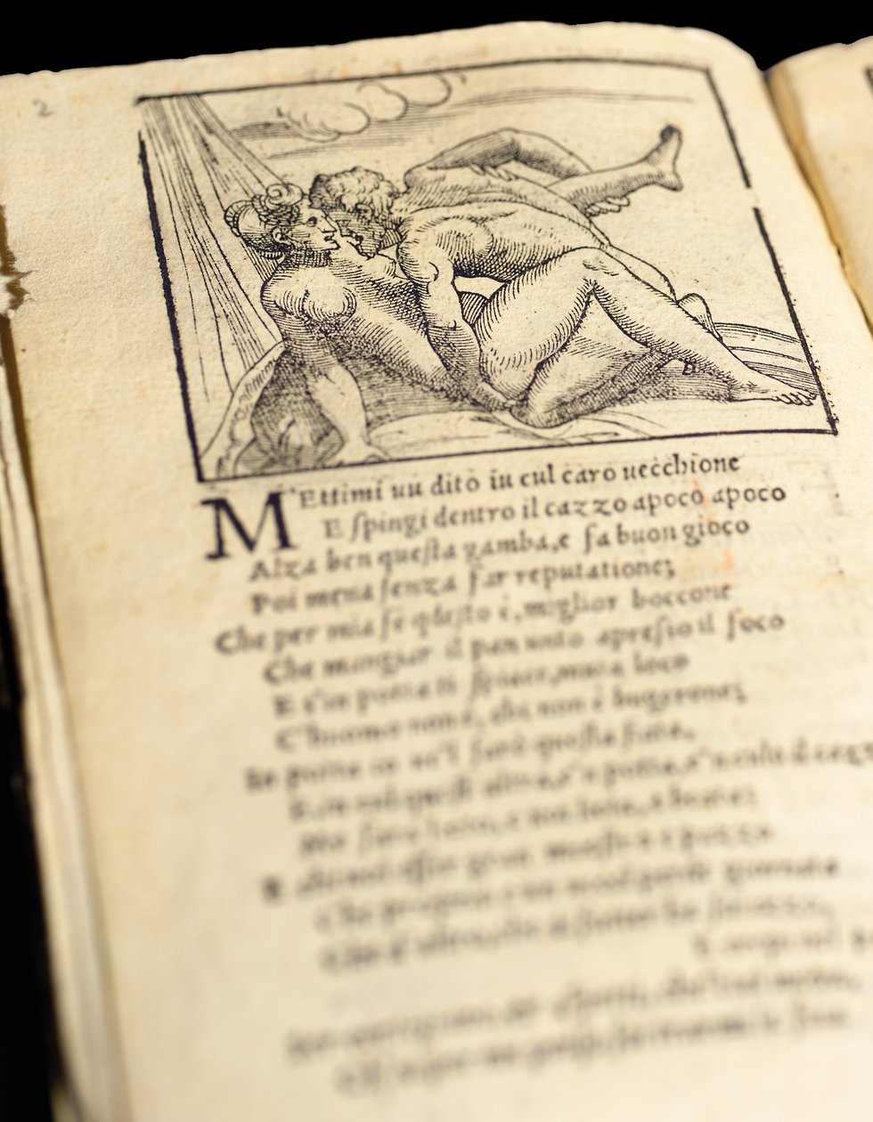 Página de "Sonetti Lussuriosi" de Pietro Aretino, ilustrada por Giulio Romano e gravada por Marcantonio Raimondi, publicada em Veneza, c.1527 de Italian School
