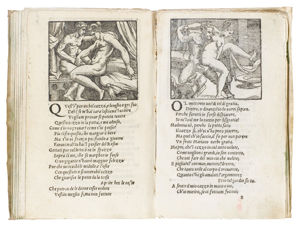 Página de "Sonetti Lussuriosi" de Pietro Aretino, ilustrada por Giulio Romano e gravada por Marcantonio Raimondi, publicada em Veneza, c.1527 de Italian School