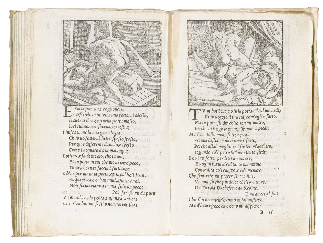 Página de "Sonetti Lussuriosi" de Pietro Aretino, ilustrada por Giulio Romano e gravada por Marcantonio Raimondi, publicada em Veneza, c.1527 de Italian School