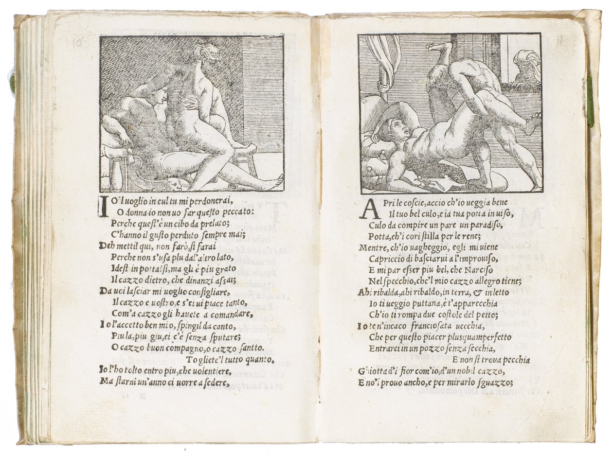 Página de "Sonetti Lussuriosi" de Pietro Aretino, ilustrada por Giulio Romano e gravada por Marcantonio Raimondi, publicada em Veneza, c.1527 de Italian School