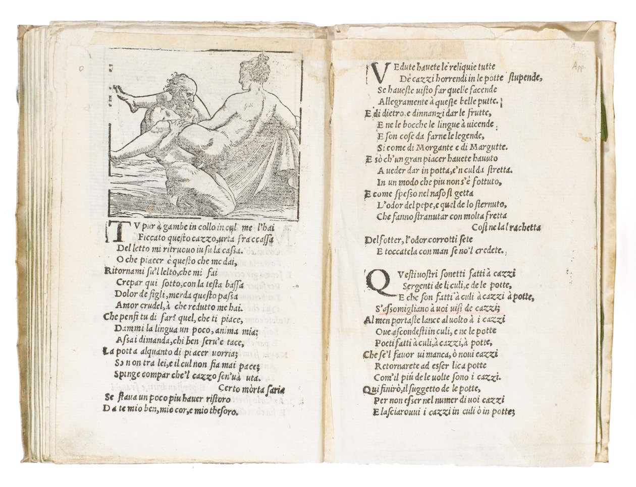 Página de &39;Sonetti Lussuriosi&39; de Pietro Aretino, ilustrada por Giulio Romano e gravada por Marcantonio Raimondi, publicada em Veneza, c.1527 (impressão e xilogravura) de Italian School