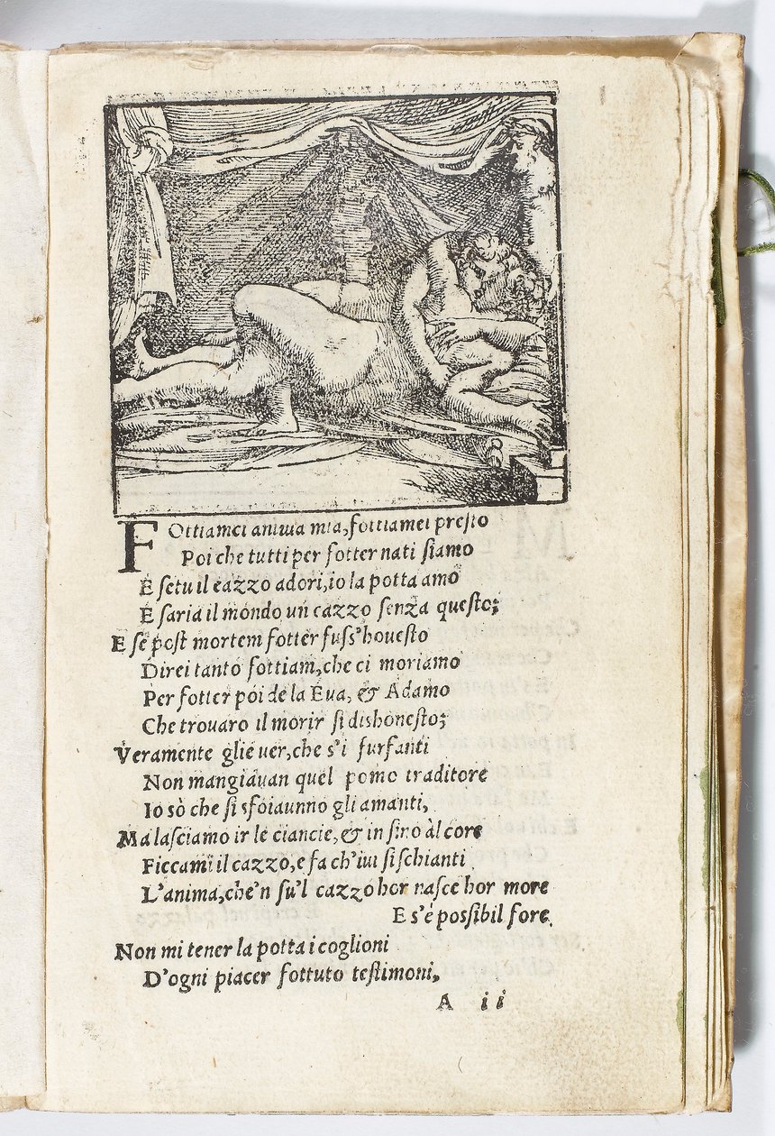 Página de &39;Sonetti Lussuriosi&39; de Pietro Aretino, ilustrada por Giulio Romano e gravada por Marcantonio Raimondi, publicada em Veneza, c.1527 (impressão e xilogravura) de Italian School