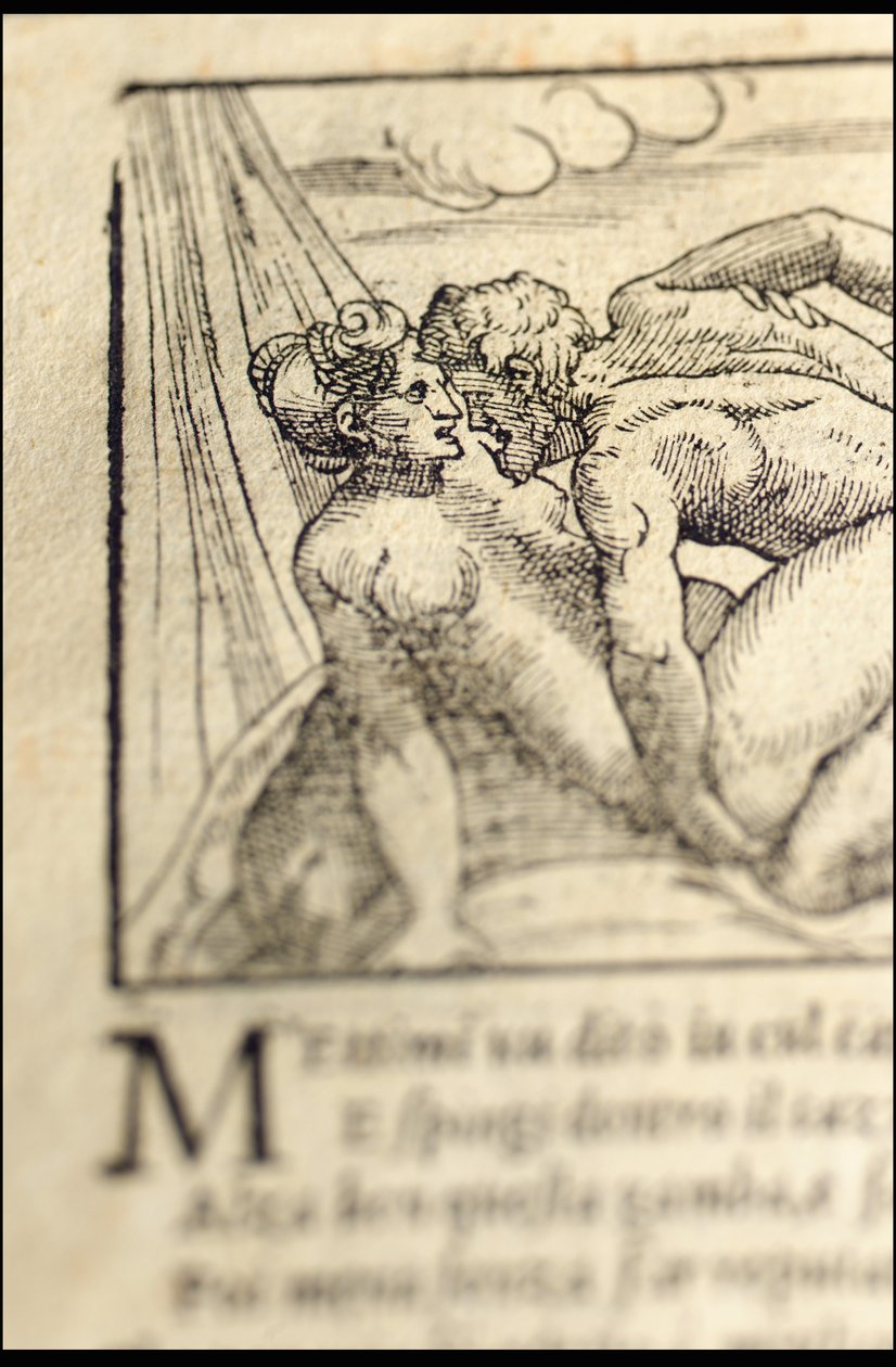 Página de &39;Sonetti Lussuriosi&39; de Pietro Aretino, ilustrada por Giulio Romano e gravada por Marcantonio Raimondi, publicada em Veneza, c.1527 (impressão e xilogravura) de Italian School