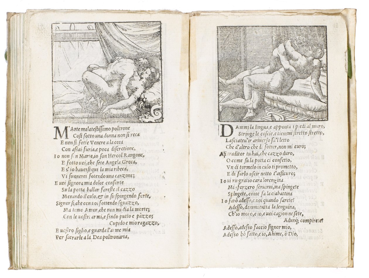 Página de &39;Sonetti Lussuriosi&39; de Pietro Aretino, ilustrada por Giulio Romano e gravada por Marcantonio Raimondi, publicada em Veneza, c.1527 (impressão e xilogravura) de Italian School