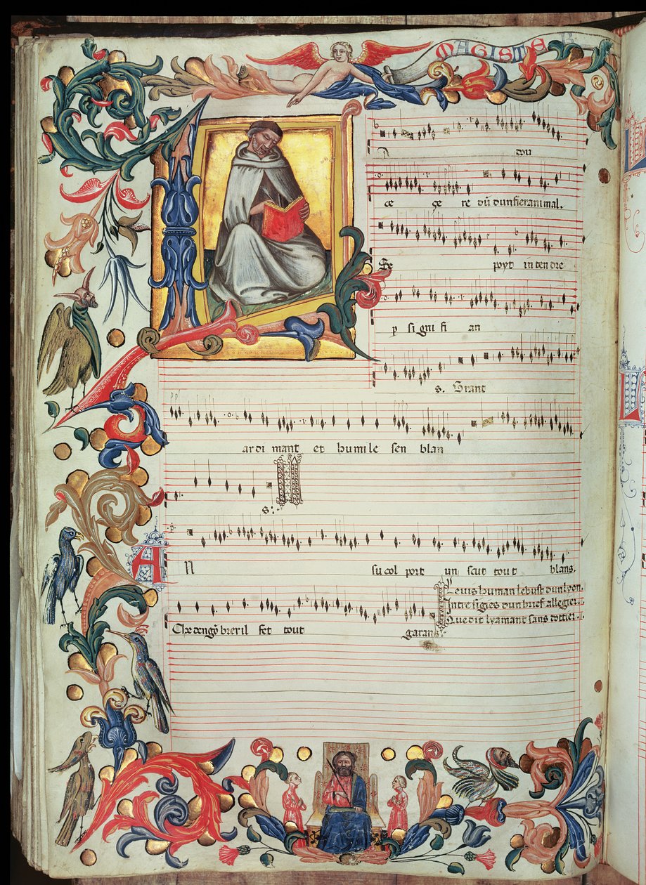 Página de notação musical com uma inicial histórica, do Códice Squarcialupi, produzida no mosteiro florentino de S. Maria degli Angeli (vellum) de Italian School