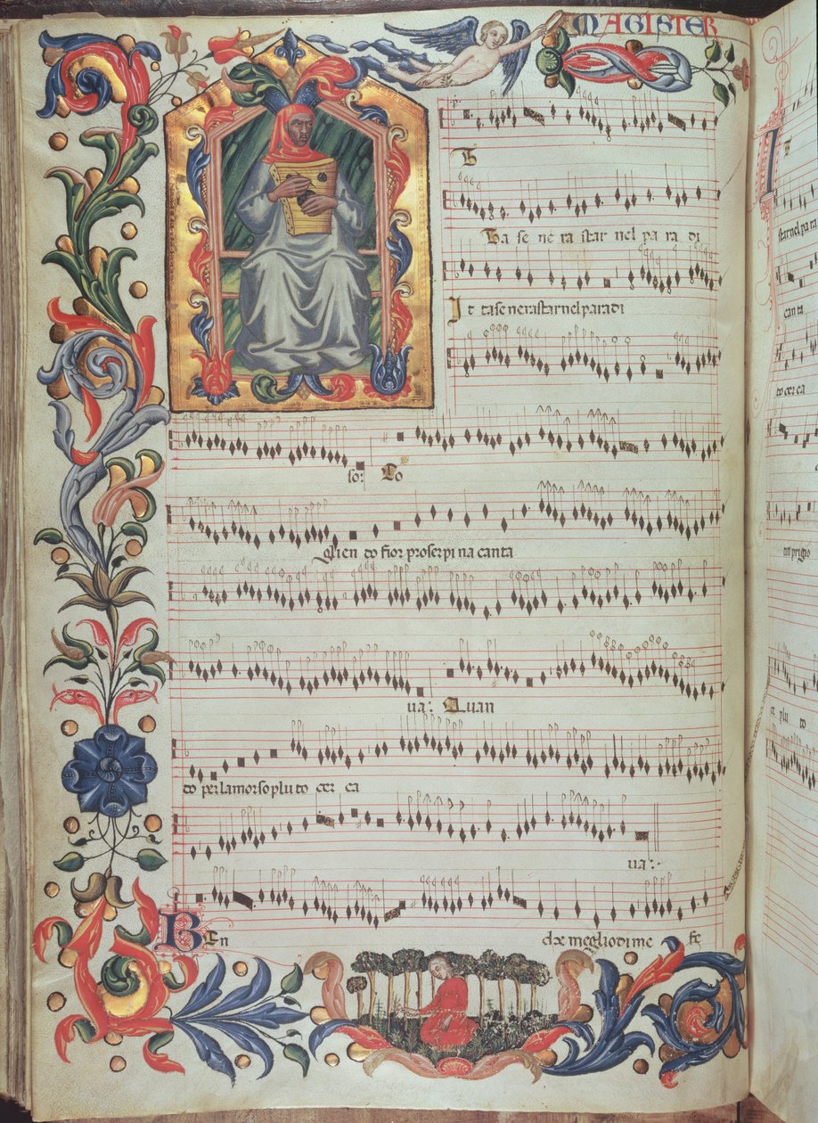 Página de notação musical com inicial historiada, do Squarcialupi Codex, produzida no mosteiro florentino de S. Maria degli Angeli (velino) de Italian School