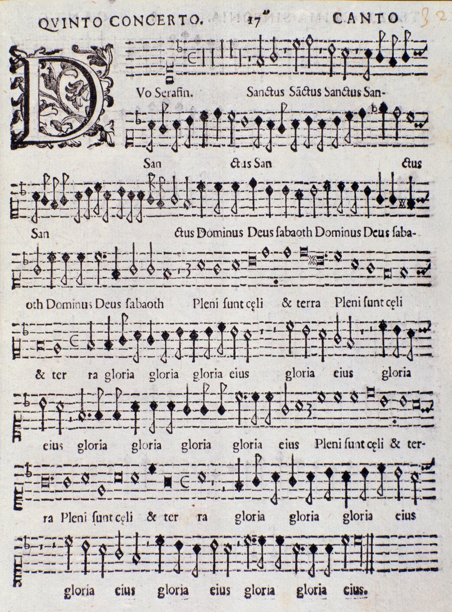 Página da partitura musical do Concerto 5 em "" Canções Francesas "" de Adriano Banchieri de Italian School