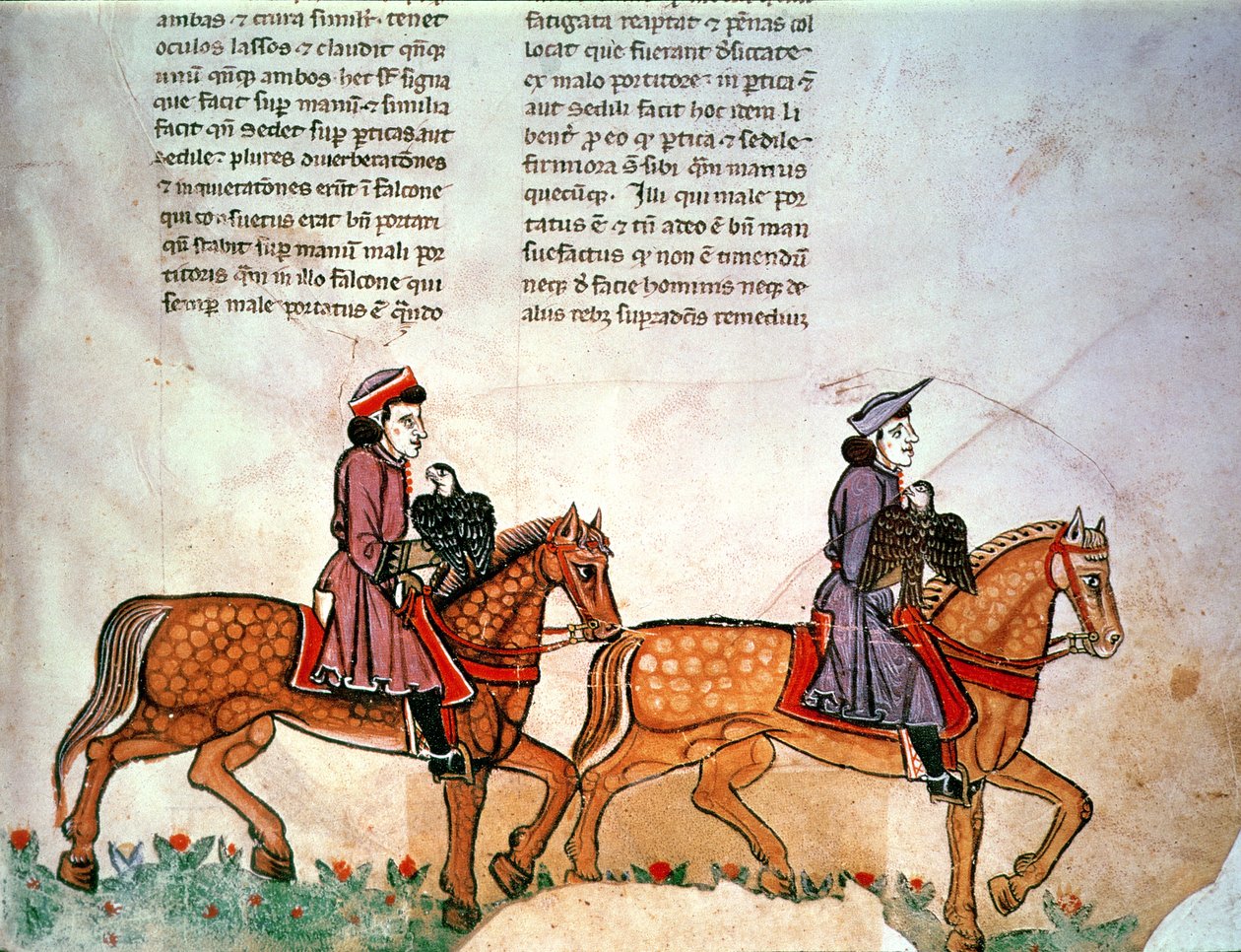 Pat Lai Frederick 2, 1071, dois cavaleiros com falcões, da arte da caça com aves de Italian School