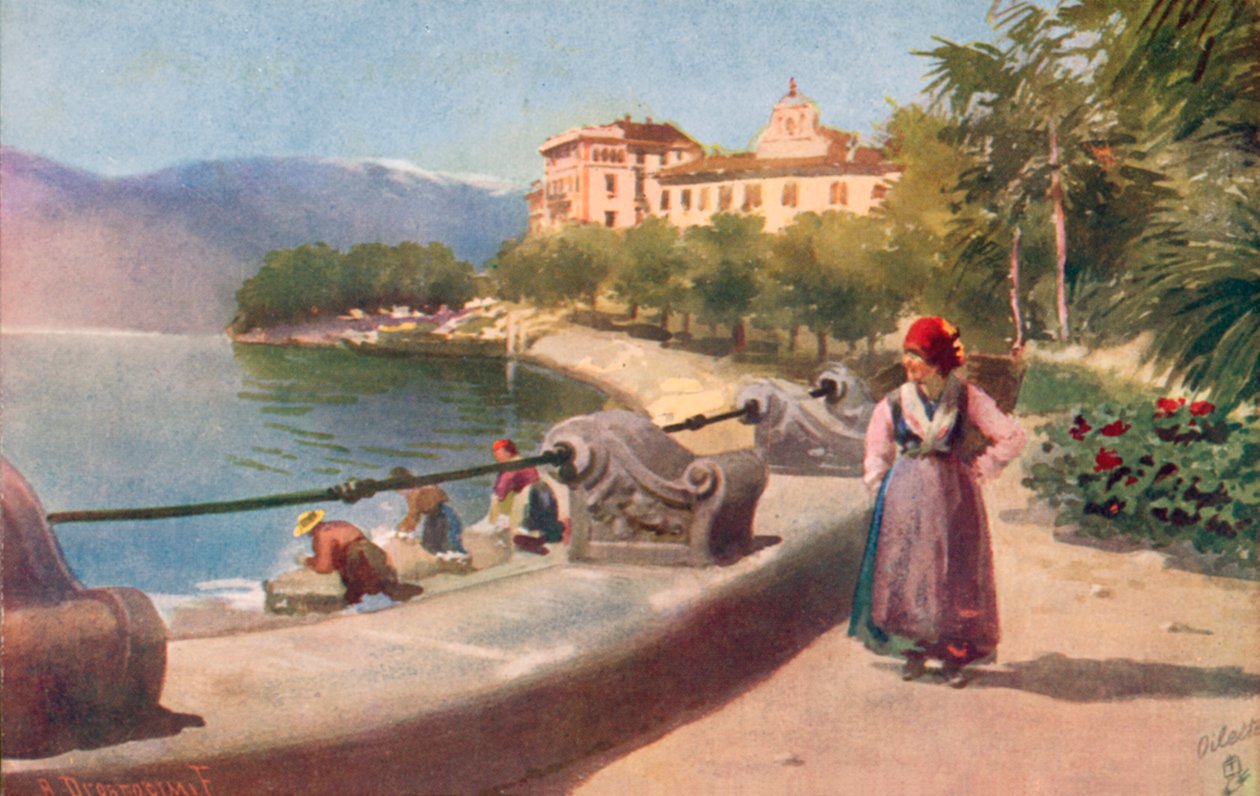 Pallanza, Lago Maggiore, Itália (litografia a cores) de Italian School