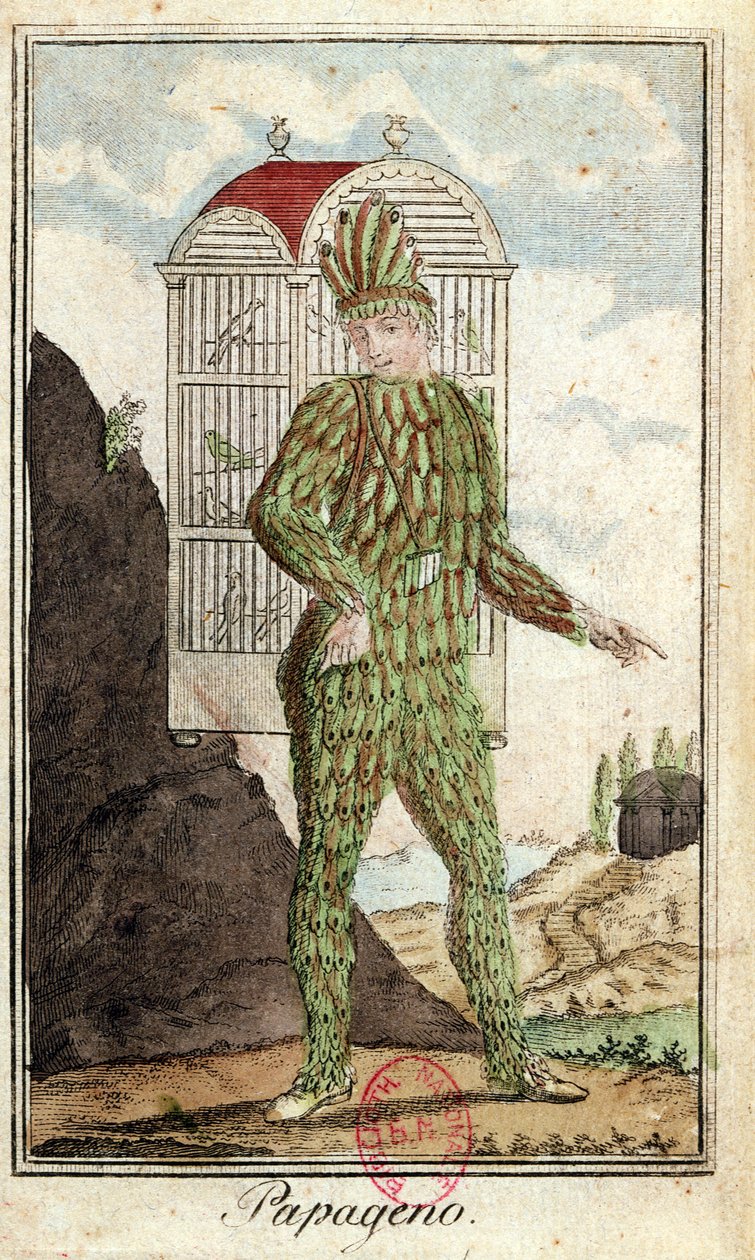 Papageno, o caçador de pássaros, de The Magic Flute, de Wolfgang Amadeus Mozart (1756-91), de Italian School