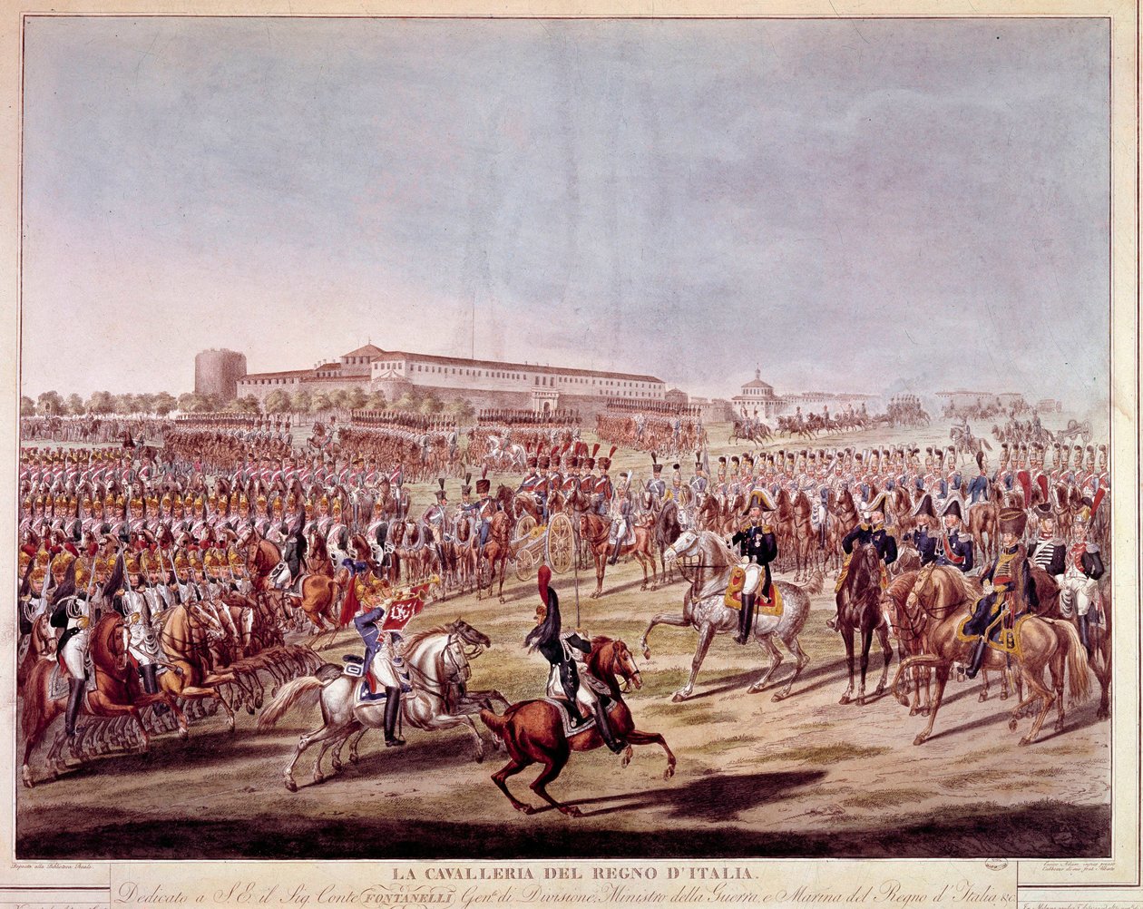 Desfile da cavalaria italiana do Reino de Itália. Estampas do início do século XIX de Italian School