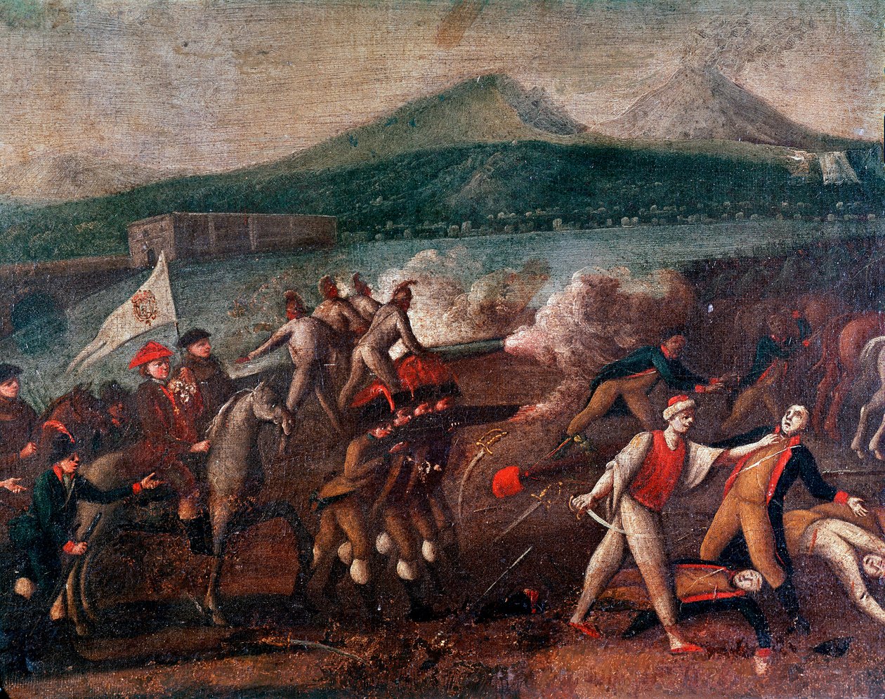 A República Partenopeia (ou República de Nápoles) proclamou 21/01/1799: O Cardeal Fabrizio Dionigi Ruffo de Bagnara (1744-1827) à frente do exército de Santa Fede chega a Nápoles para perseguir os republicanos franceses. Pintura anónima por volta de 1799.  de Italian School