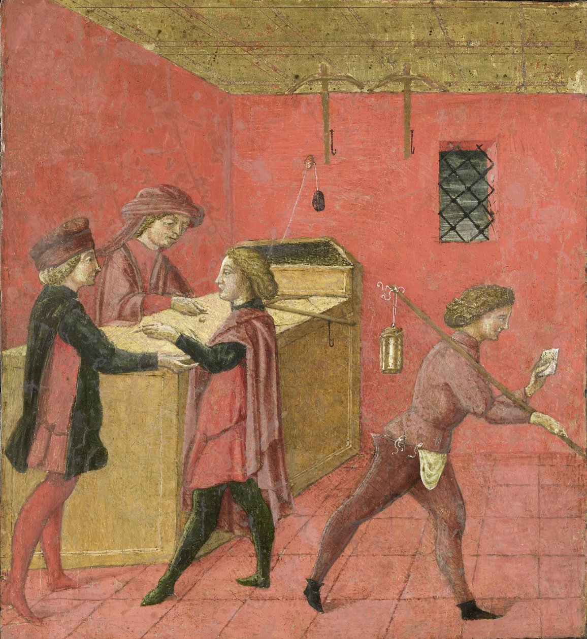 Pagamento de Salários aos Vigias Nocturnos na Camera del Comune de Siena,1440-60 (tempera no painel) de Italian School